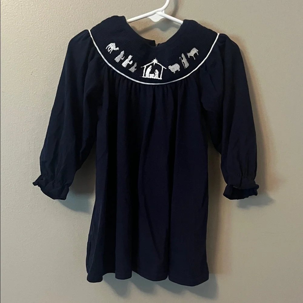 Navy Smocked Nativity-Scene Long Sleeve Dress for Girls